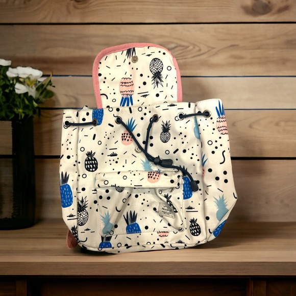 HotStyle Drawstring Mini Backpack White w/Cute Pineapples 3 Zipper Pockets - Picture 2 of 7